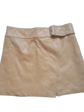 Free People Caramel Faux Leather Mini Skirt with Buckle Detail